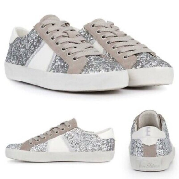 Sam Edelman Shoes - Sam Edelman Baylee Silver Glitter Metallic White Grey Leather Low Top Sneakers